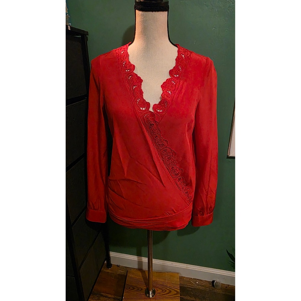 Sezane Red 100% Silk Embroidered Eyelet V-Neck Wrap Blouse Size 38 US Sz6